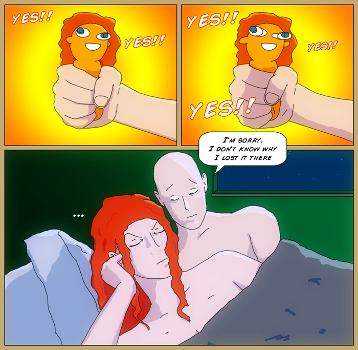 First panel, Luthor's hand holding a 'Bug Out Bob' stress toy fashioned to look like Mia, with 'yes! yes!' in the background. Second panel he's squeezing the toy as the eyes bulge out, as the yes are larger and more frequent. Last panel has Luthor and Mia in bed. she's turned away silently, with an annoyed expression on her face, while he looks embarrassed, saying 'I'm sorry. I don't know why I lost it there', apparently having lost the mood, as it were.