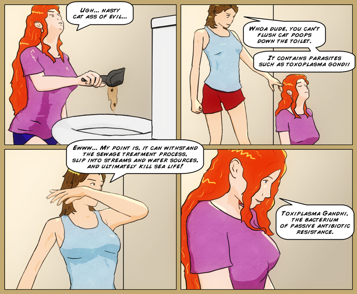 when Sydney catches Mia throwing out used cat litter in the toilet, she reprimands her on the basis that it contains “parasites such as toxoplasma gondii, which can withstand the sewage treatment process, slip into streams and water sources, and ultimately kill sea life”. Last panel has Mia calling it the bacterium of passive antibiotic restistance.