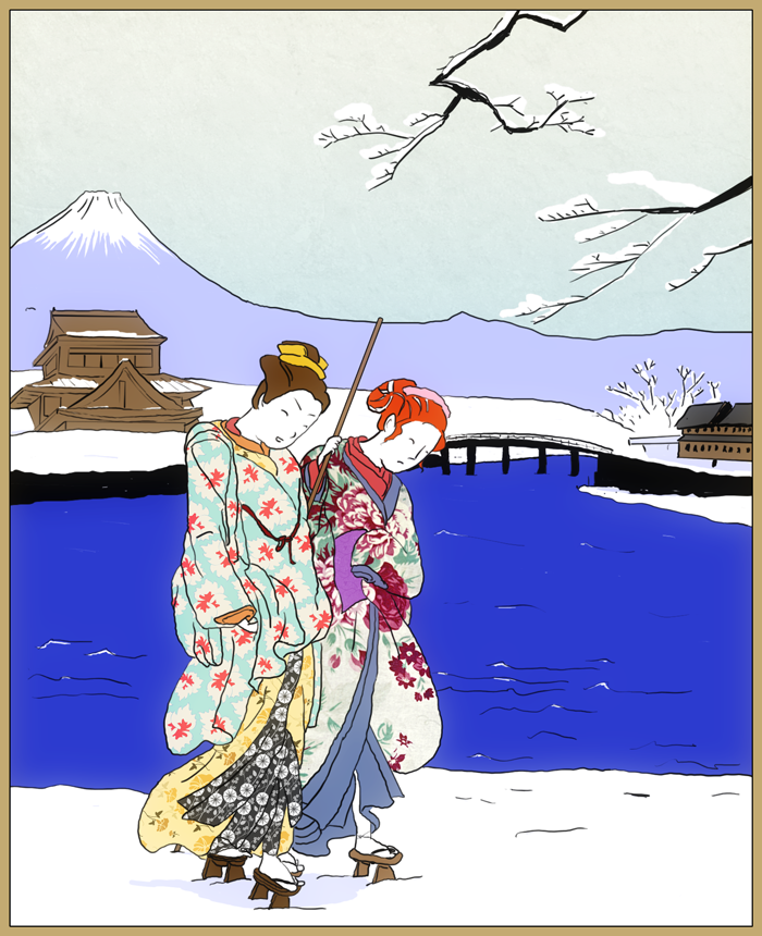 Sydney and Mia drawn as Japanese woodcut prints, wearing kimonos, with Mt. Fuji in the background